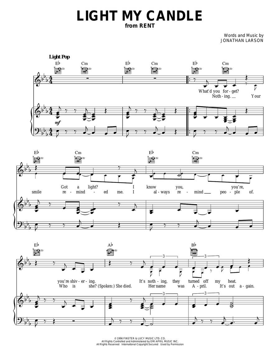 Light My Candle Piano, Vocal, Guitar scores gallery preview page 1