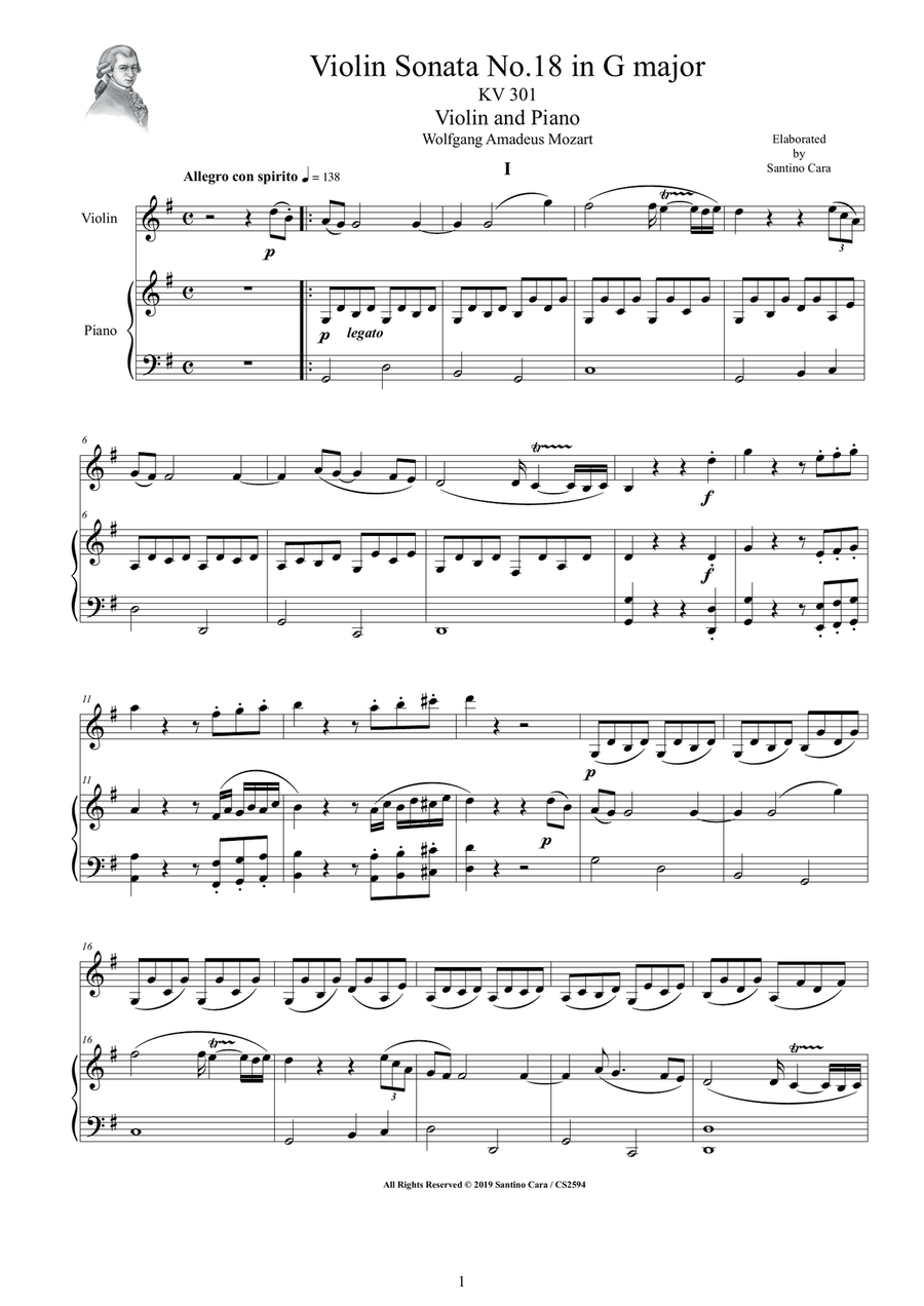 Mozart - Violin Sonata No.18 in G major KV 301 for Violin and Piano - Score and Part Violin Solo scores gallery preview page 1