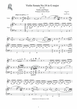 Mozart - Violin Sonata No.18 in G major KV 301 for Violin and Piano - Score and Part