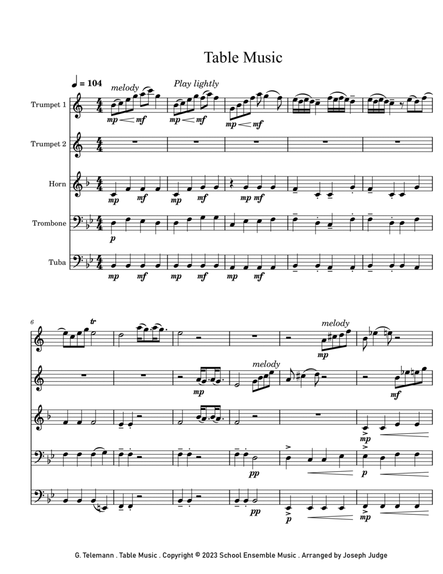 Table Music by Telemann for Brass Quintet in Schools Brass Quintet scores gallery preview page 1