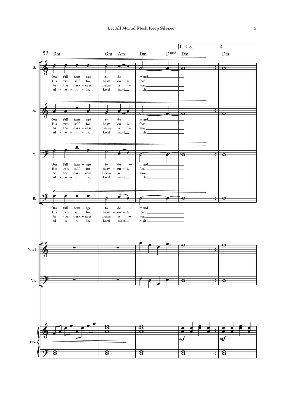 Let All Mortal Flesh Keep Silence SATB violin cello duet and Piano 4-Part scores gallery preview page 5