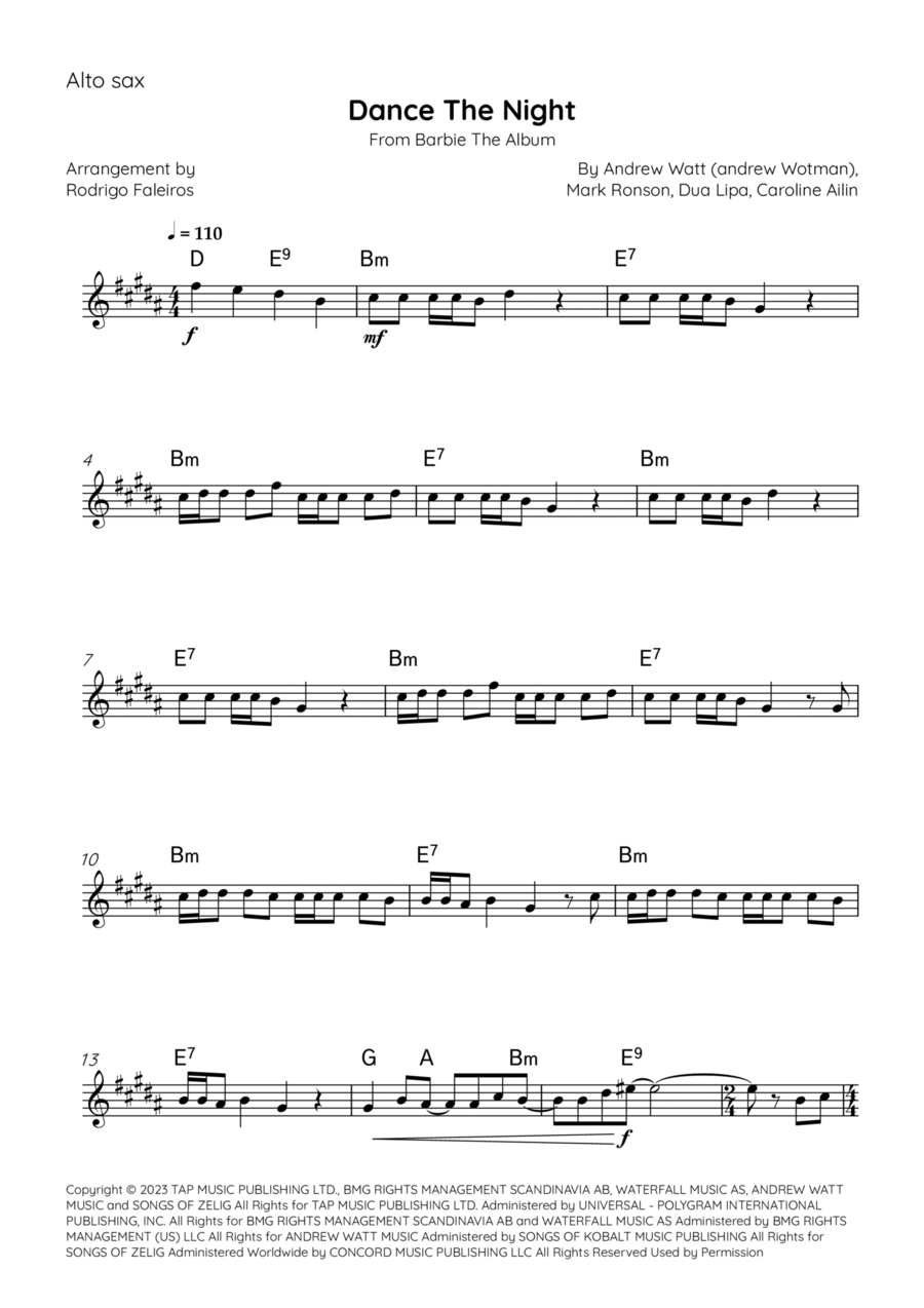 Dance The Night Alto Saxophone scores gallery preview page 1