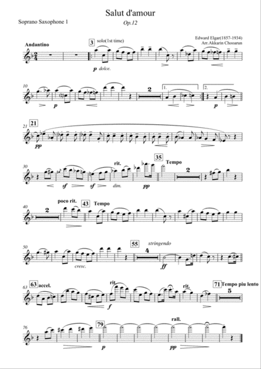 Salut D'Amour op.12; Edward Elgar for 12 Saxophone Woodwind Ensemble scores gallery preview page 1