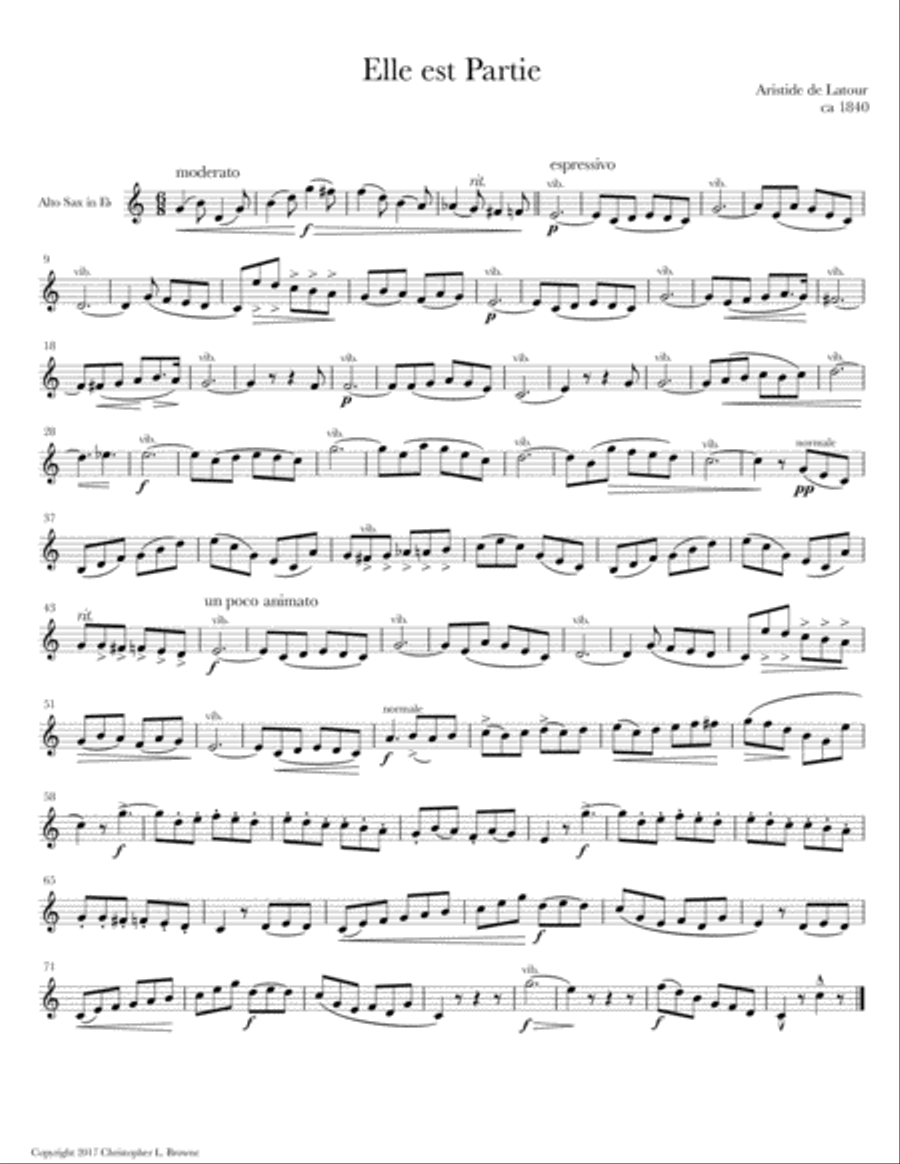 Elle est Partie - Solo for Alto or Baritone Saxophone Woodwind Duet - Digital Sheet Music