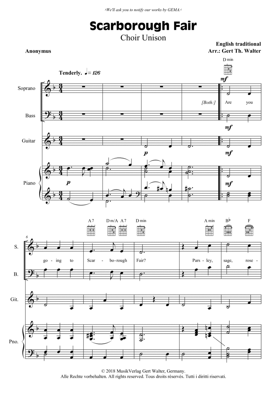 Scarborough Fair Scarborough Fair Unison Choir scores gallery preview page 1