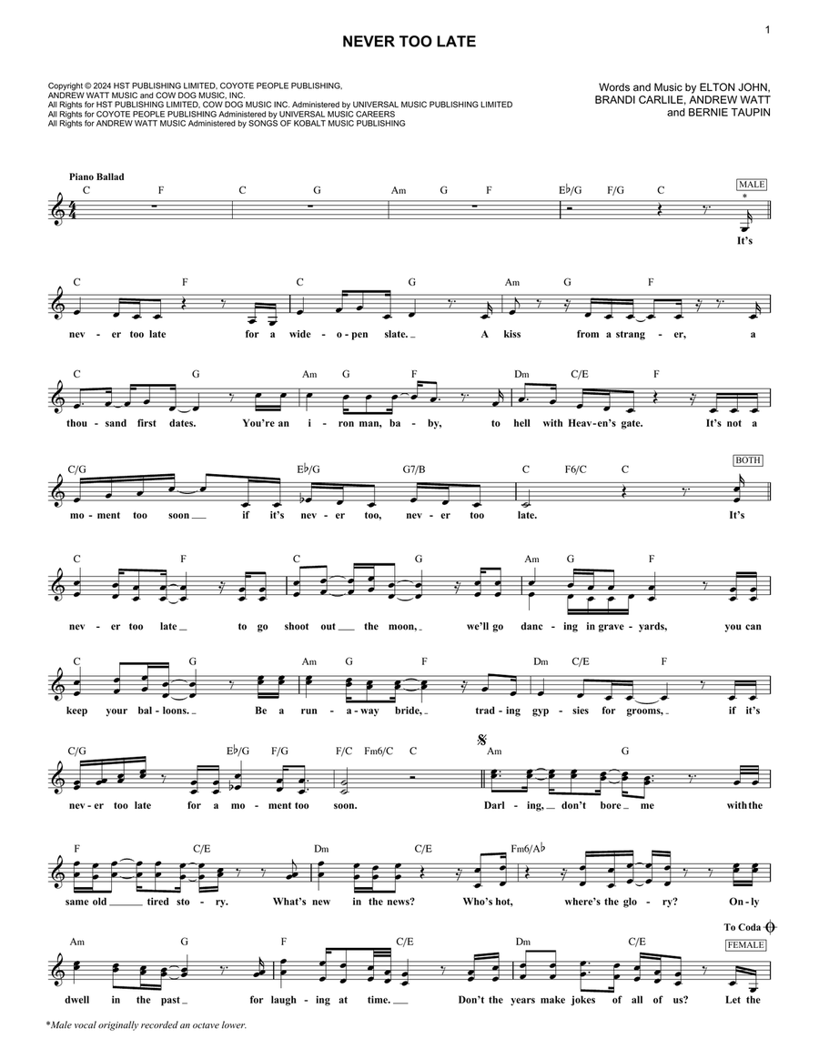 Never Too Late Never Too Late Piano scores gallery preview page 1
