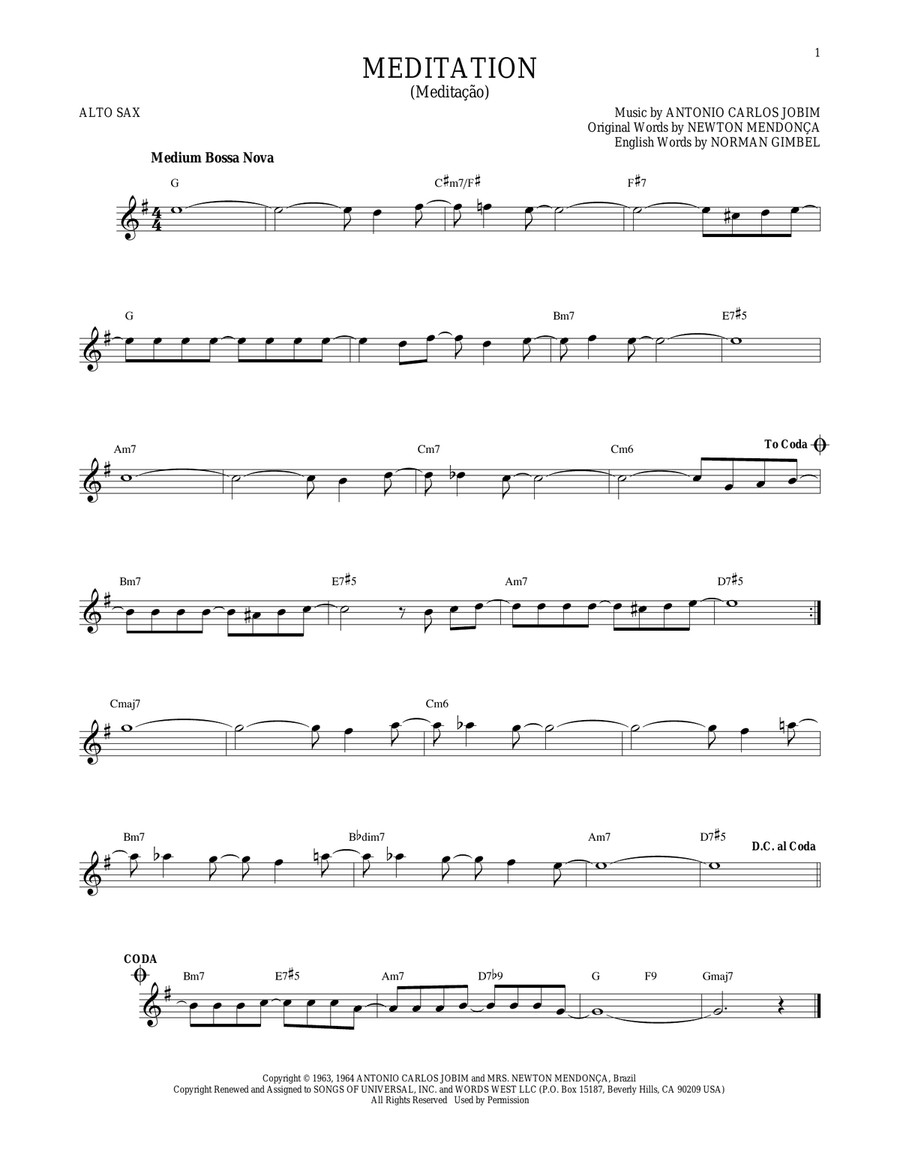 Meditation (Meditacao) Alto Saxophone scores gallery preview page 1