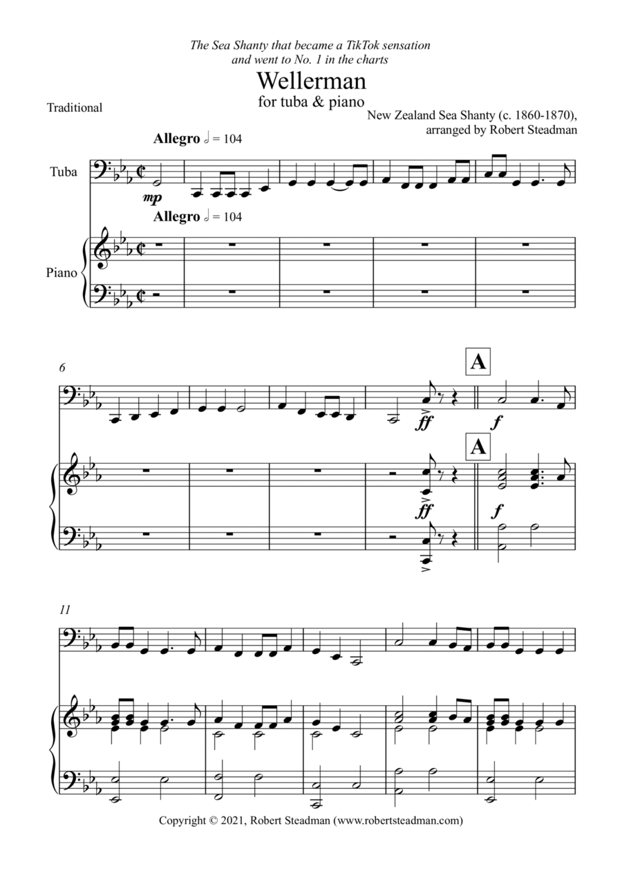 Wellerman (Tuba/Eb Bass & Piano) - treble and bass clef tuba/Eb bass parts included Piano scores gallery preview page 1