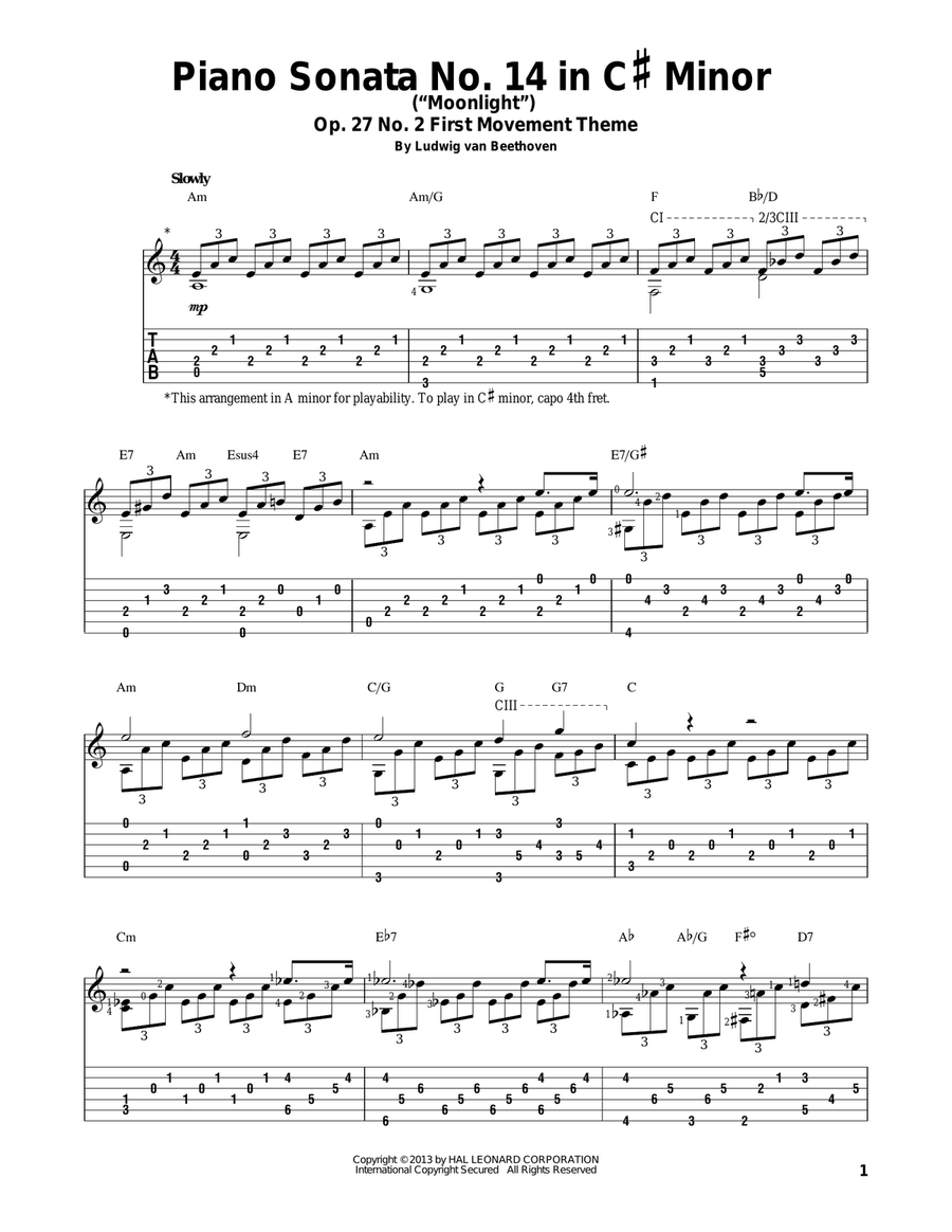 Piano Sonata No. 14 In C# Minor (Moonlight) Op. 27 No. 2 First Movement Theme Acoustic Guitar scores gallery preview page 1