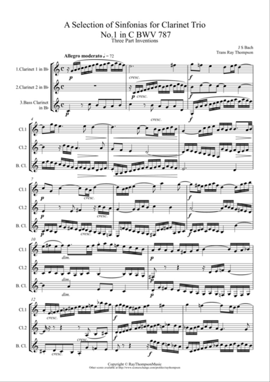 Bach: A Selection of Sinfonias (Three part Inventions Nos.1,2,4,6,8,9 & 11.) - Clarinet Trio