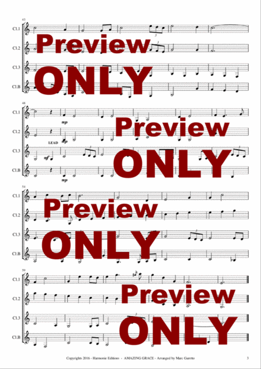AMAZING GRACE - Traditionnal - for CLARINET Quartet - Arranged by Marc Garetto Clarinet Quartet scores gallery preview page 5