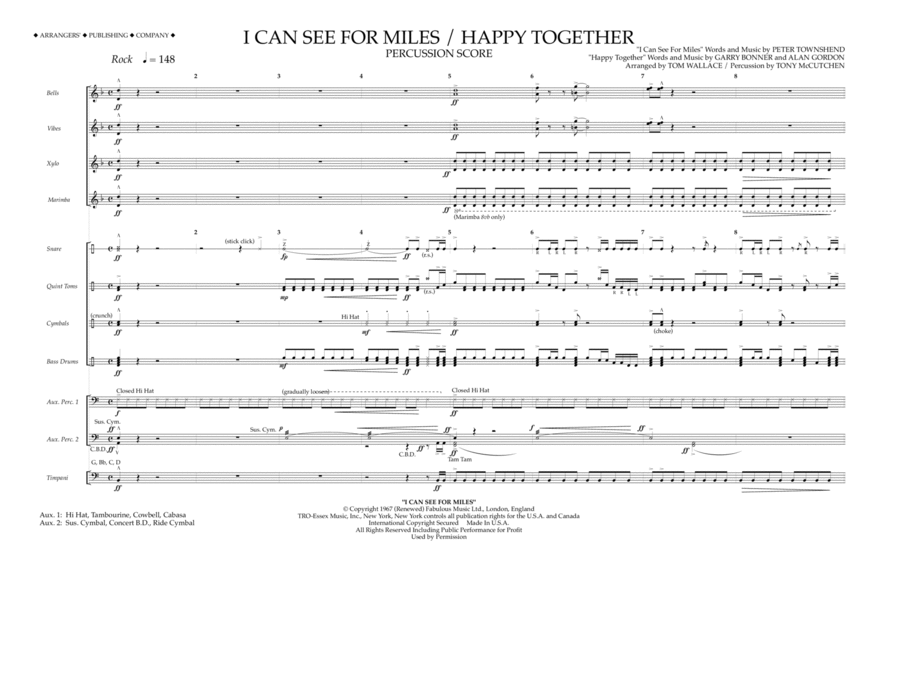 I Can See for Miles/Happy Together - Percussion Score Marching Band scores gallery preview page 1