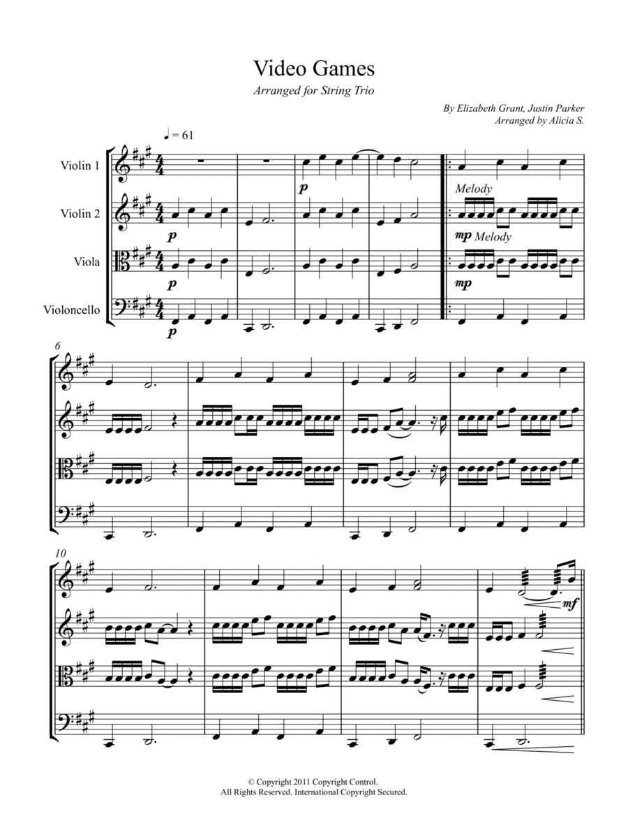 Video Games by Lana Del Rey String Trio - Digital Sheet Music