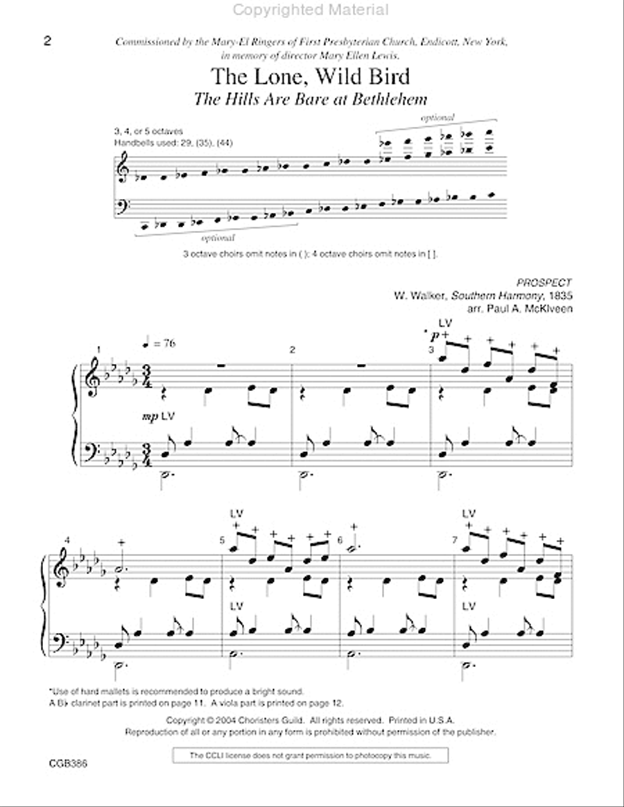 The Lone, Wild Bird (The Hills are Bare at Bethlehem) Handbell Choir scores gallery preview page 2