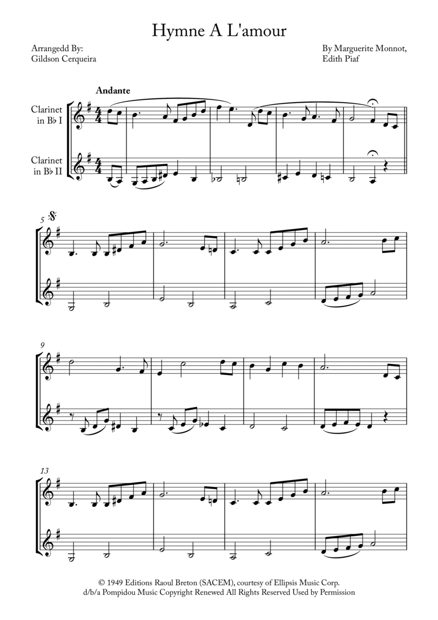 Hymne A L'amour Clarinet Duet scores gallery preview page 1