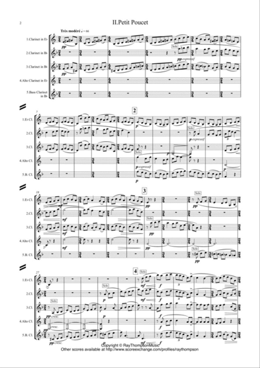 Ravel: Three Movements from Ma Mère L’Oye (Mother Goose) - clarinet quintet Clarinet Quintet scores gallery preview page 2