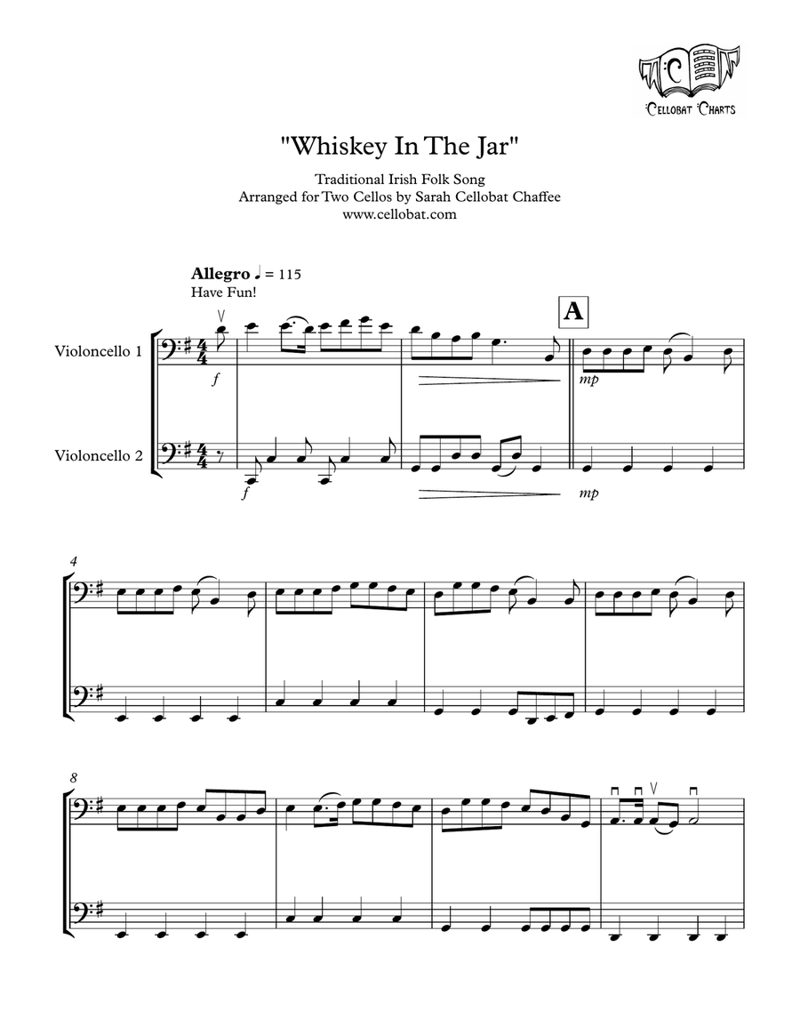 Whiskey In The Jar - Cello Duet - Traditional Irish arr. Cellobat String Duet scores gallery preview page 1