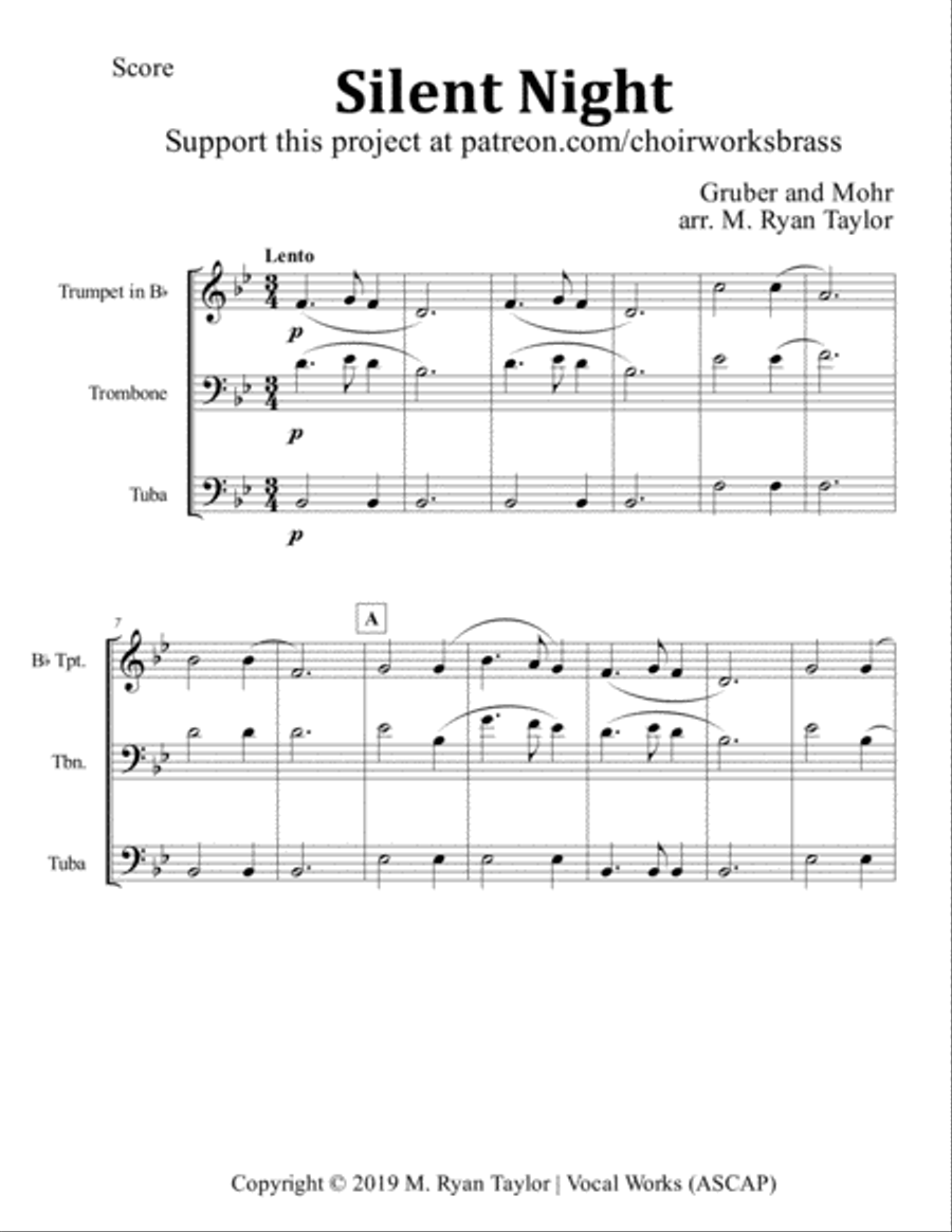 Silent Night for Brass Trio (Trumpet, Trombone, Tuba) Brass Trio scores gallery preview page 1