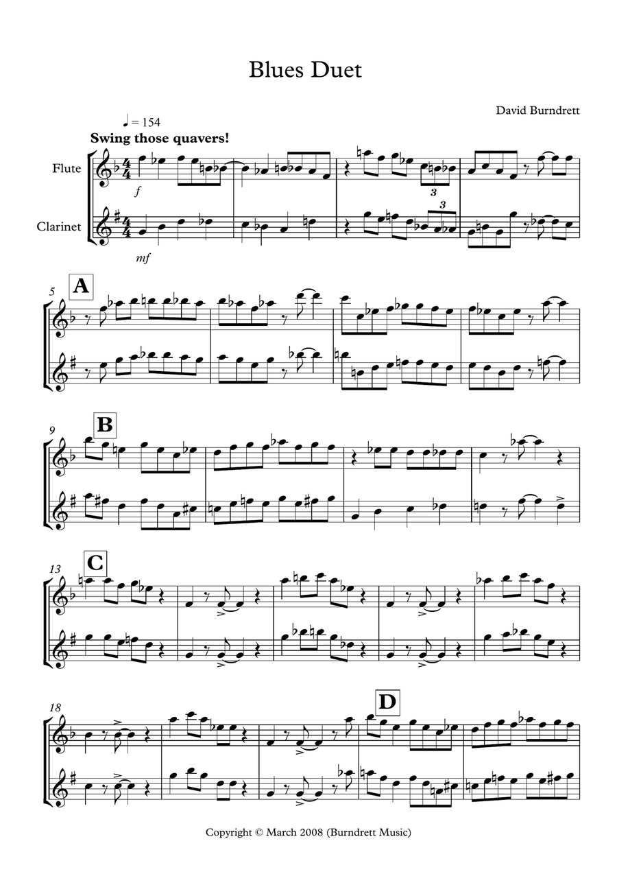 Blues Duet for Flute and Clarinet by David Burndrett Woodwind Duet - Digital Sheet Music