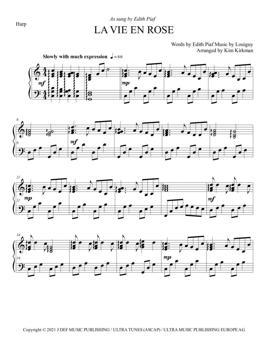 La Vie En Rose Harp scores gallery preview page 1