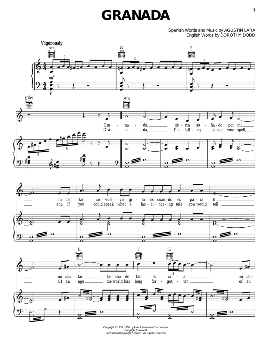 Granada Granada Piano, Vocal, Guitar scores gallery preview page 1