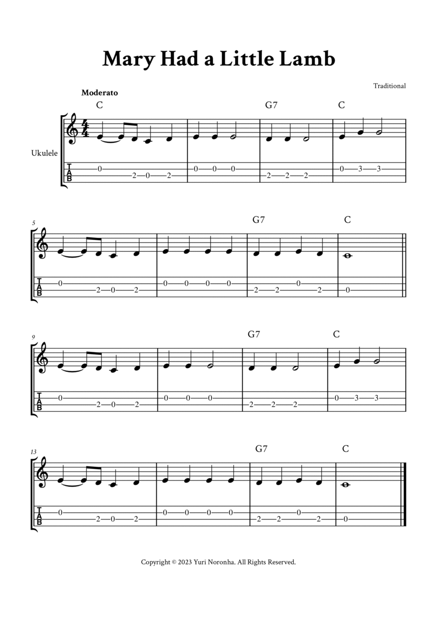 Mary Had a Little Lamb - Ukulele (C Major - with TAB and Chords) Ukulele scores gallery preview page 1