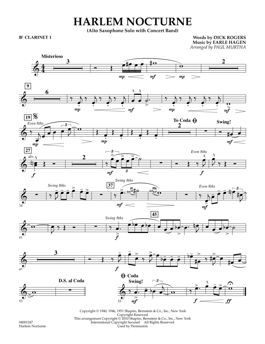 Harlem Nocturne (Alto Sax Solo with Band) - Bb Clarinet 1 Concert Band scores gallery preview page 1