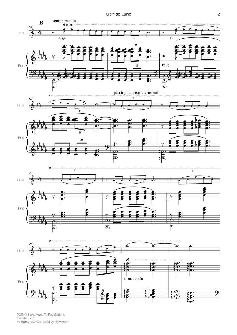 Clair de Lune by Debussy - Bb Clarinet and Piano (Full Score and Parts) B-Flat Clarinet scores gallery preview page 3