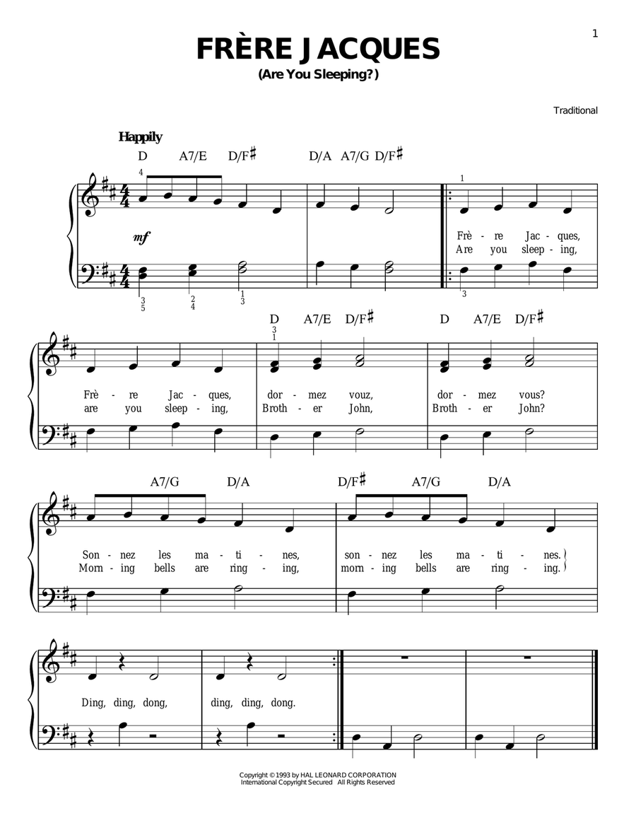 Frere Jacques (Are You Sleeping?) Easy Piano scores gallery preview page 1