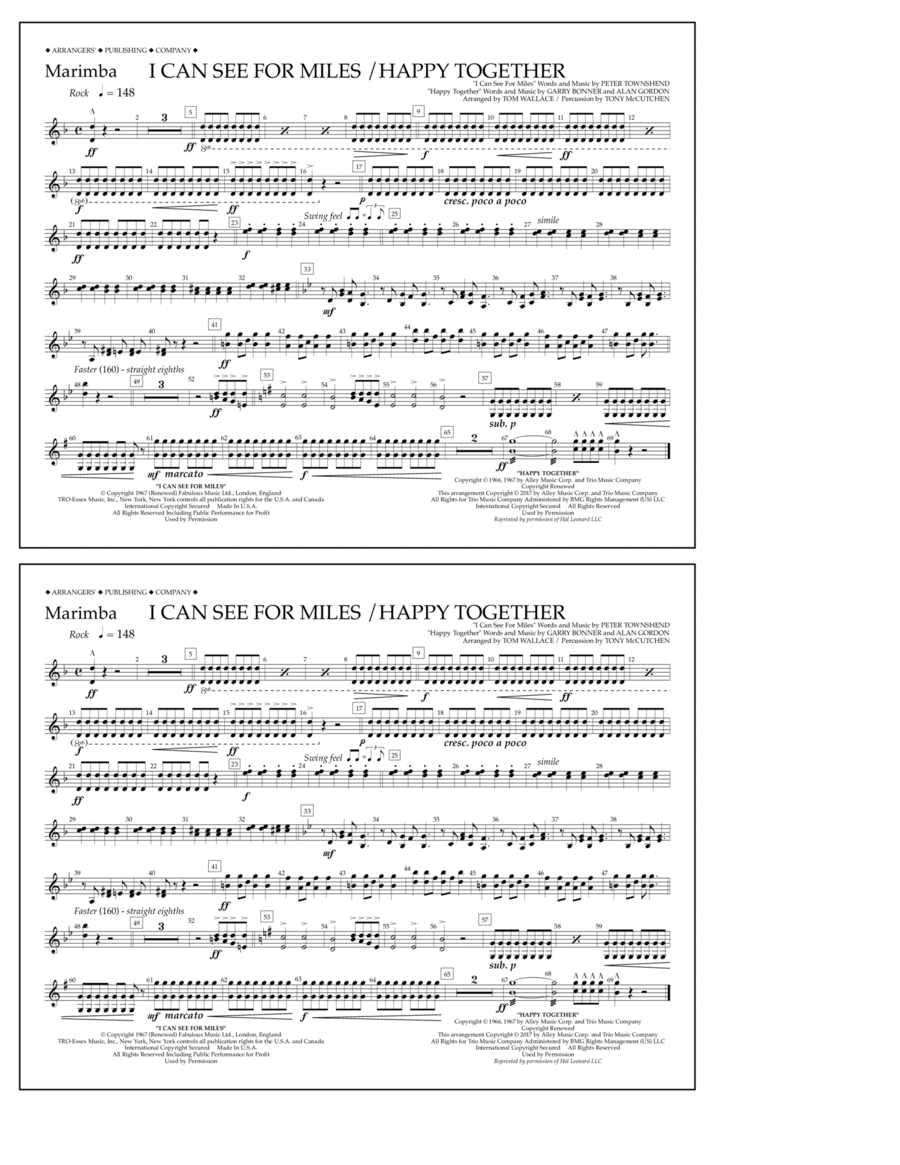 I Can See for Miles/Happy Together - Marimba Marching Band scores gallery preview page 1