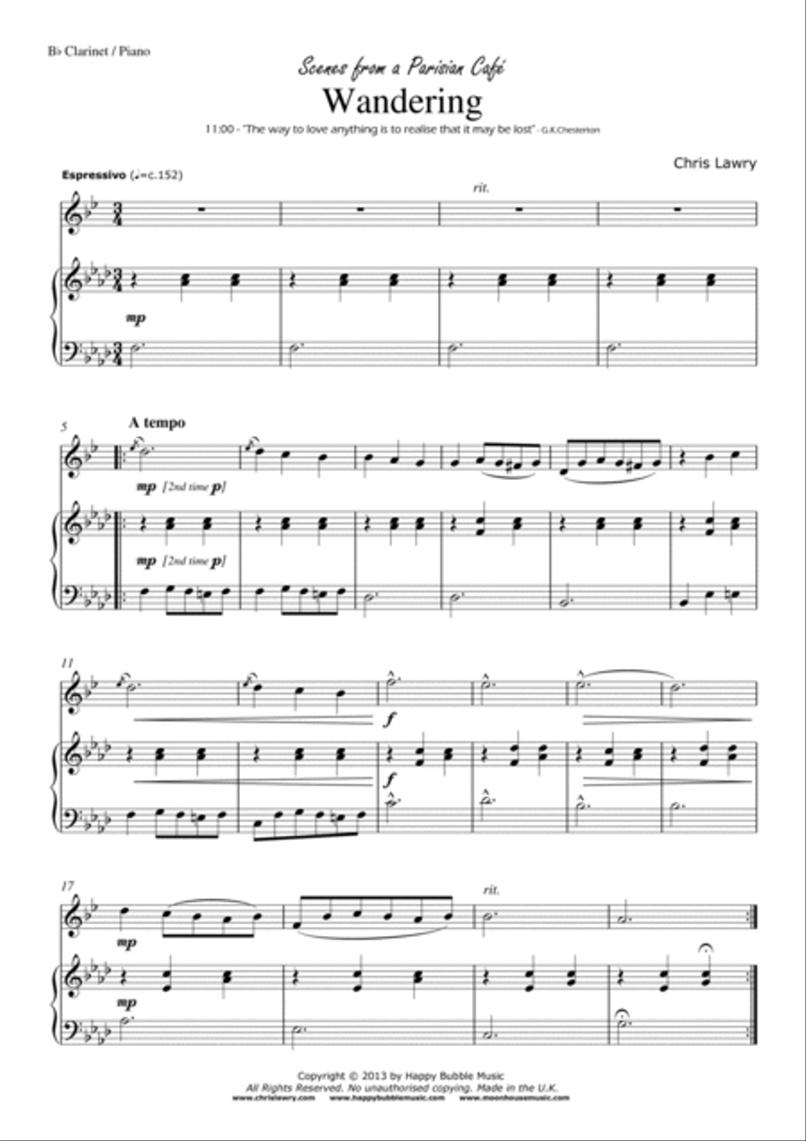 Wandering - for Bb Clarinet & Piano (from Scenes from a Parisian Cafe) Woodwind Duet scores gallery preview page 3