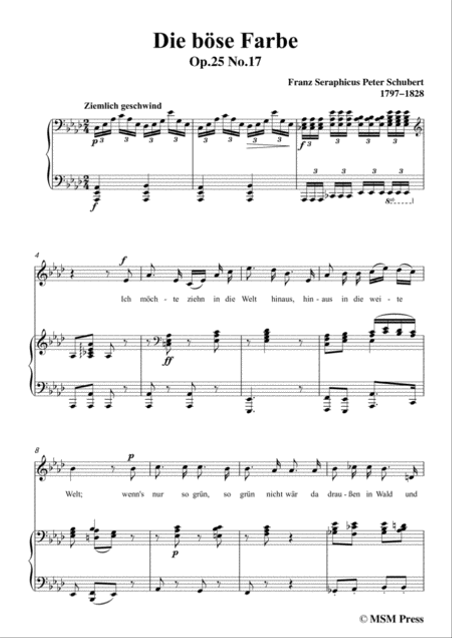 Schubert-Die böse Farbe,from 'Die Schöne Müllerin',Op.25 No.17,in A flat Major,for Voice&Piano Voice scores gallery preview page 3