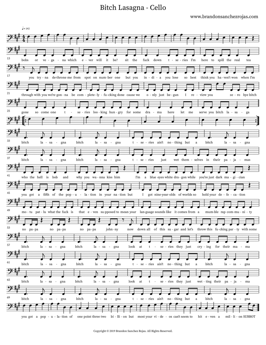 Bitch Lasagna - Cello Cello Solo scores gallery preview page 1