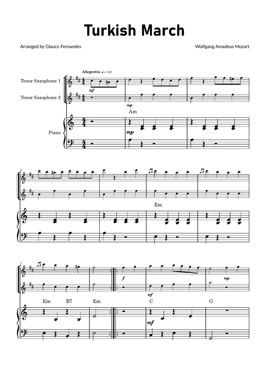 Turkish March by Mozart - Tenor Saxophone Duet with Piano and Chord Notations Woodwind Duet scores gallery preview page 1