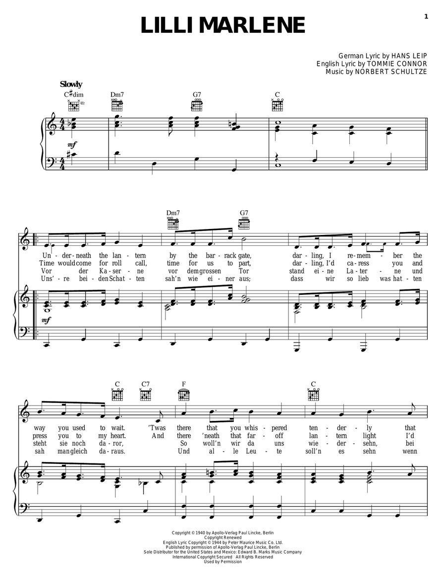 Lilli Marlene Lilli Marlene Piano, Vocal, Guitar scores gallery preview page 1