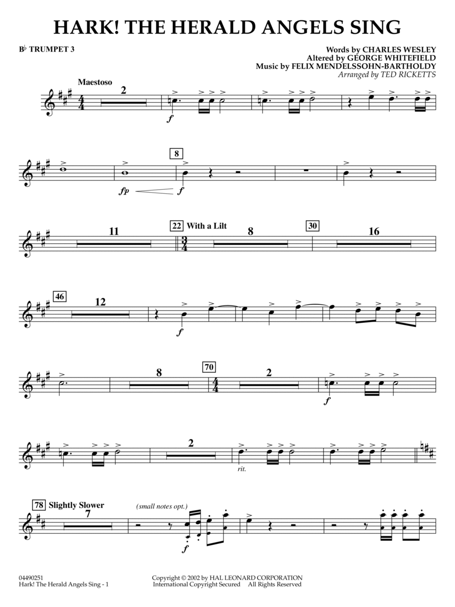Hark! The Herald Angels Sing (arr. Ted Ricketts) - Bb Trumpet 1 Full Orchestra scores gallery preview page 1