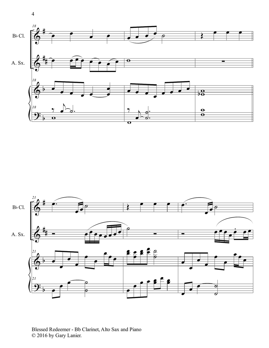 BLESSED REDEEMER(Trio – Bb Clarinet, Alto Sax & Piano with Score/Parts) Woodwind Duet scores gallery preview page 5