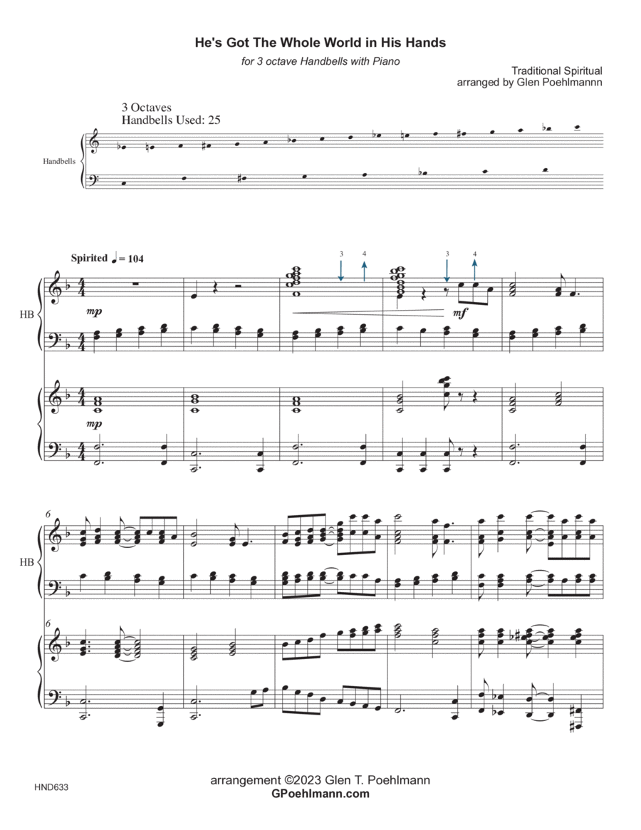 HE'S GOT THE WHOLE WORLD IN HIS HANDS - 3 Octave Handbells with Piano (Grade 3 & 3+) 3-Octaves scores gallery preview page 1