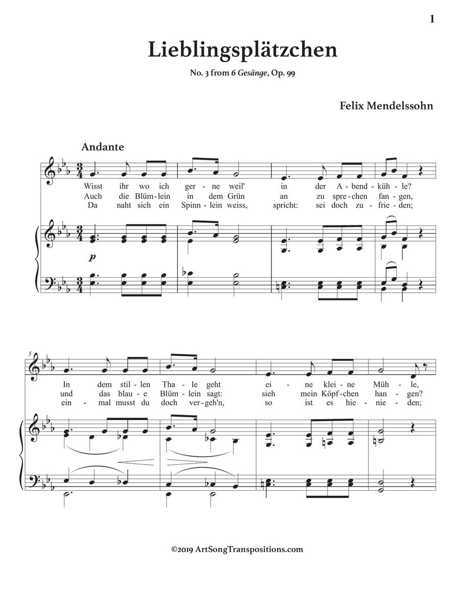 MENDELSSOHN: Lieblingsplätzchen, Op. 99 no. 3 (transposed to E-flat major) Voice scores gallery preview page 2
