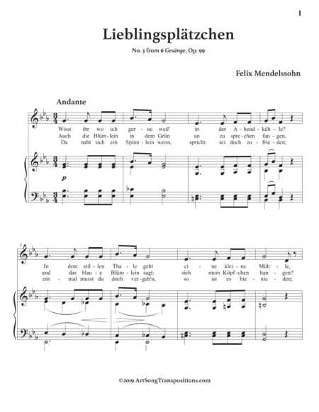 MENDELSSOHN: Lieblingsplätzchen, Op. 99 no. 3 (transposed to E-flat major)