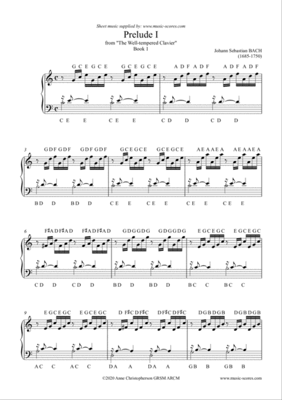 Bach Prelude No.1 with Note Names Piano Solo scores gallery preview page 1