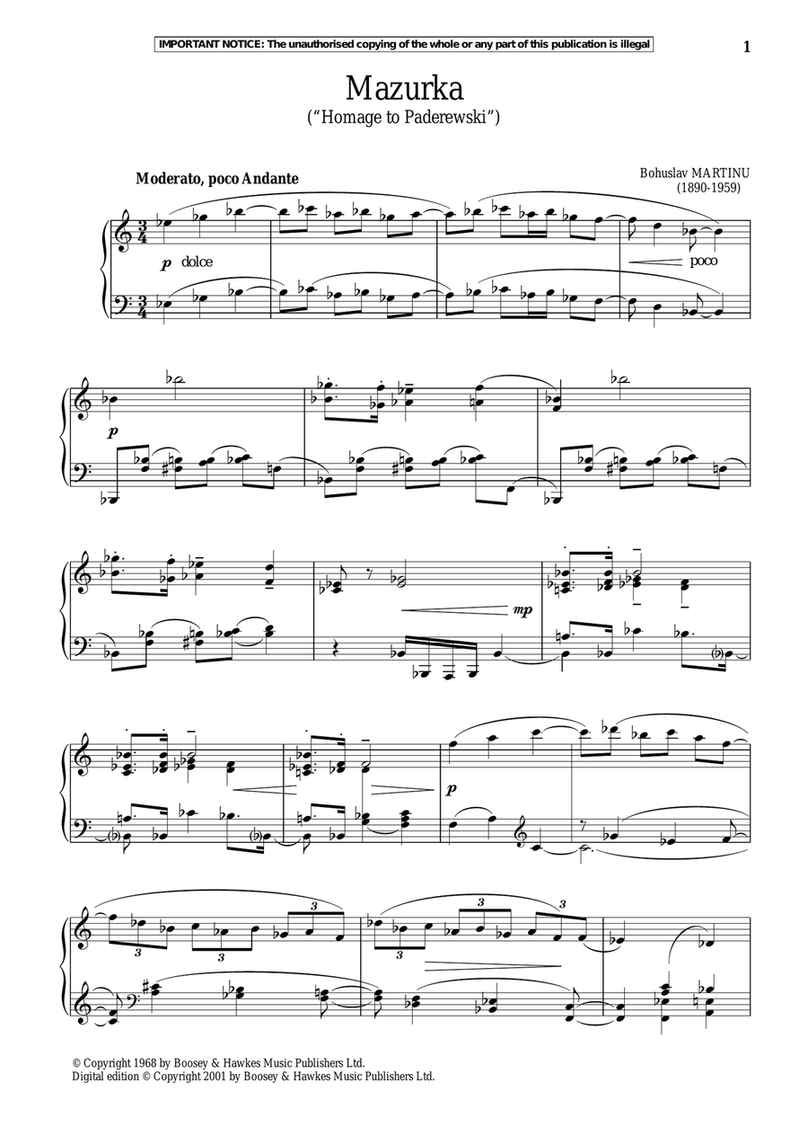 Mazurka, H284 (Homage To Paderewski) Piano Solo scores gallery preview page 1