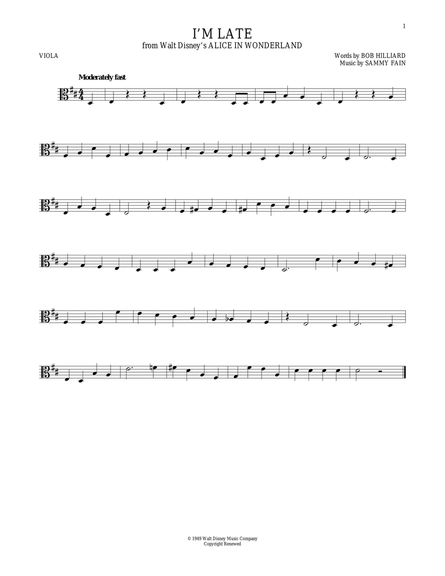 I'm Late (from Alice In Wonderland) Viola Solo scores gallery preview page 1