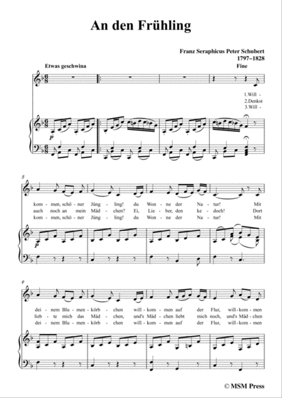 Schubert-An den Frühling,in F Major,for Voice&Piano Voice scores gallery preview page 3