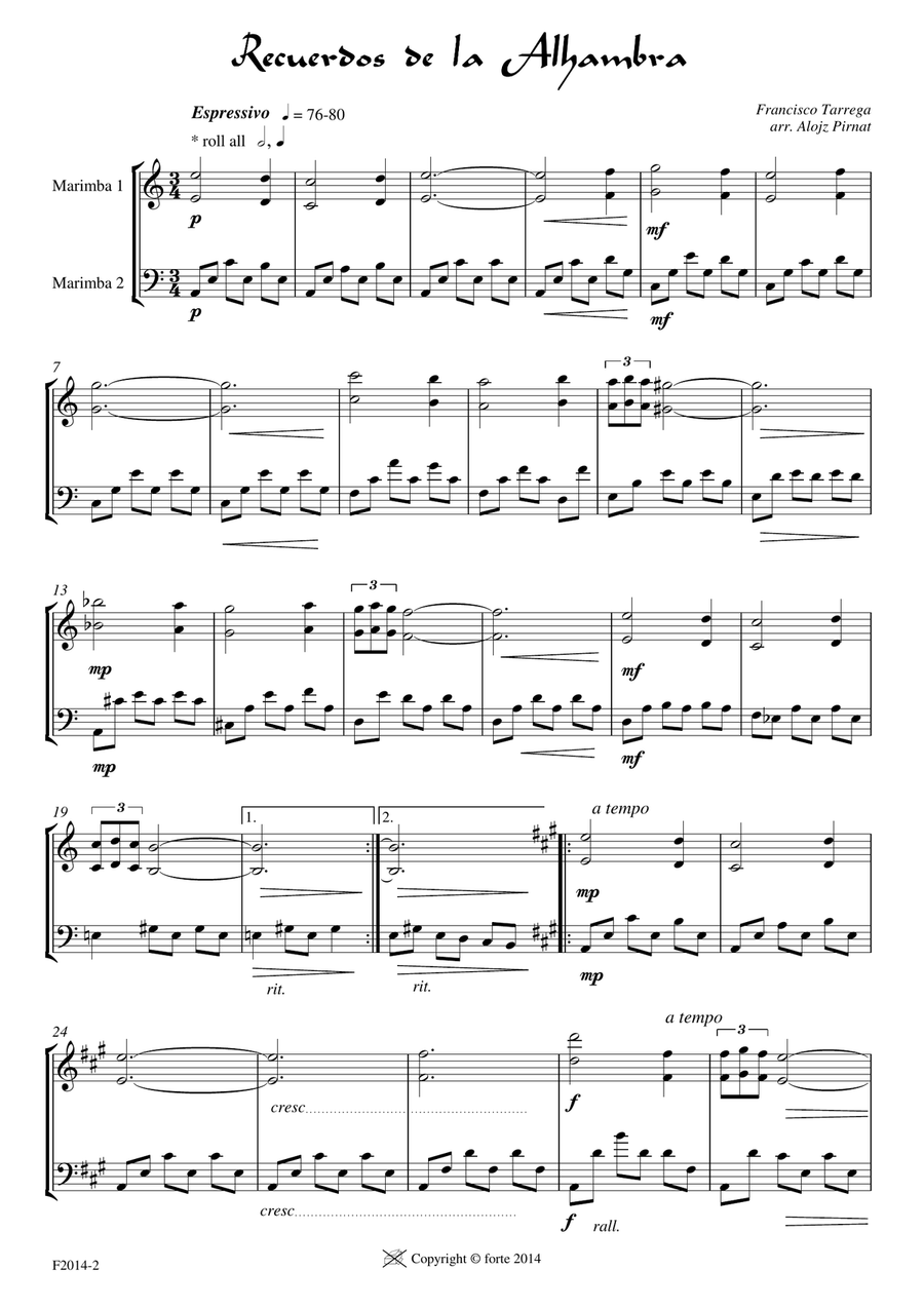 Recuerdos de la Alhambra for marimba duet Marimba scores gallery preview page 3