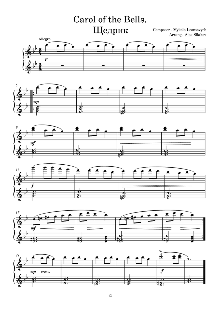 Shchedryk. Щедрик. Carol of the Bells. Easy Piano scores gallery preview page 1