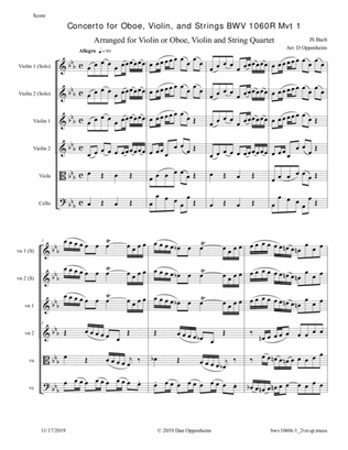 Bach: Concerto for Oboe, Violin, and Strings BWV 1060R Mvt 1 arr. for 2 Violins and String Quartet