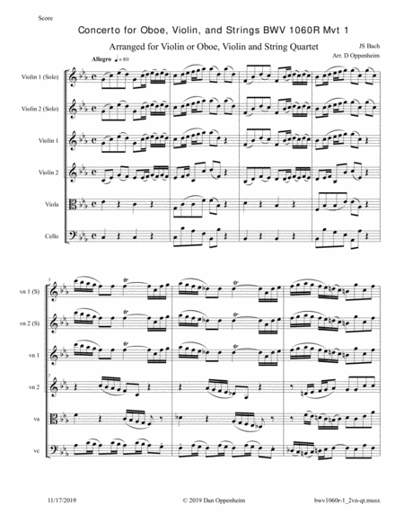 Bach: Concerto for Oboe, Violin, and Strings BWV 1060R Mvt 1 arr. for 2 Violins and String Quartet image number null