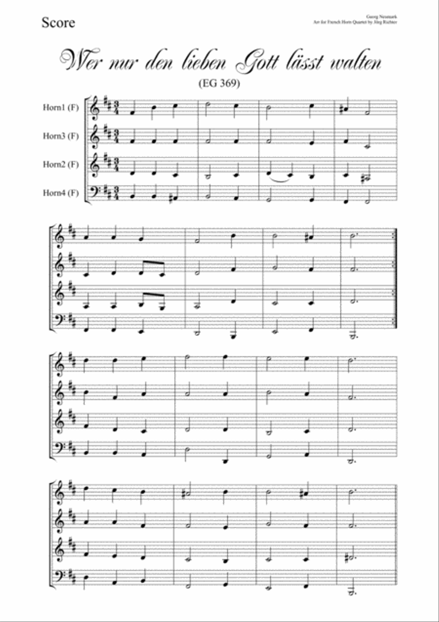 Who only lets Him rule (Wer nur den lieben Gott lässt walten, EG 369) for French Horn Quartet Brass Quartet scores gallery preview page 2