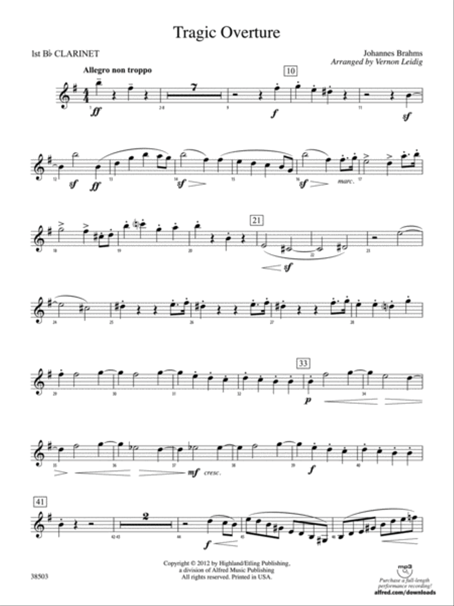 Tragic Overture: 1st B-flat Clarinet Full Orchestra scores gallery preview page 1